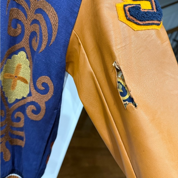 Free People Out Of Your League Bomber Jacket Patches Embroidered Blue Gold Tan - Picture 12 of 12